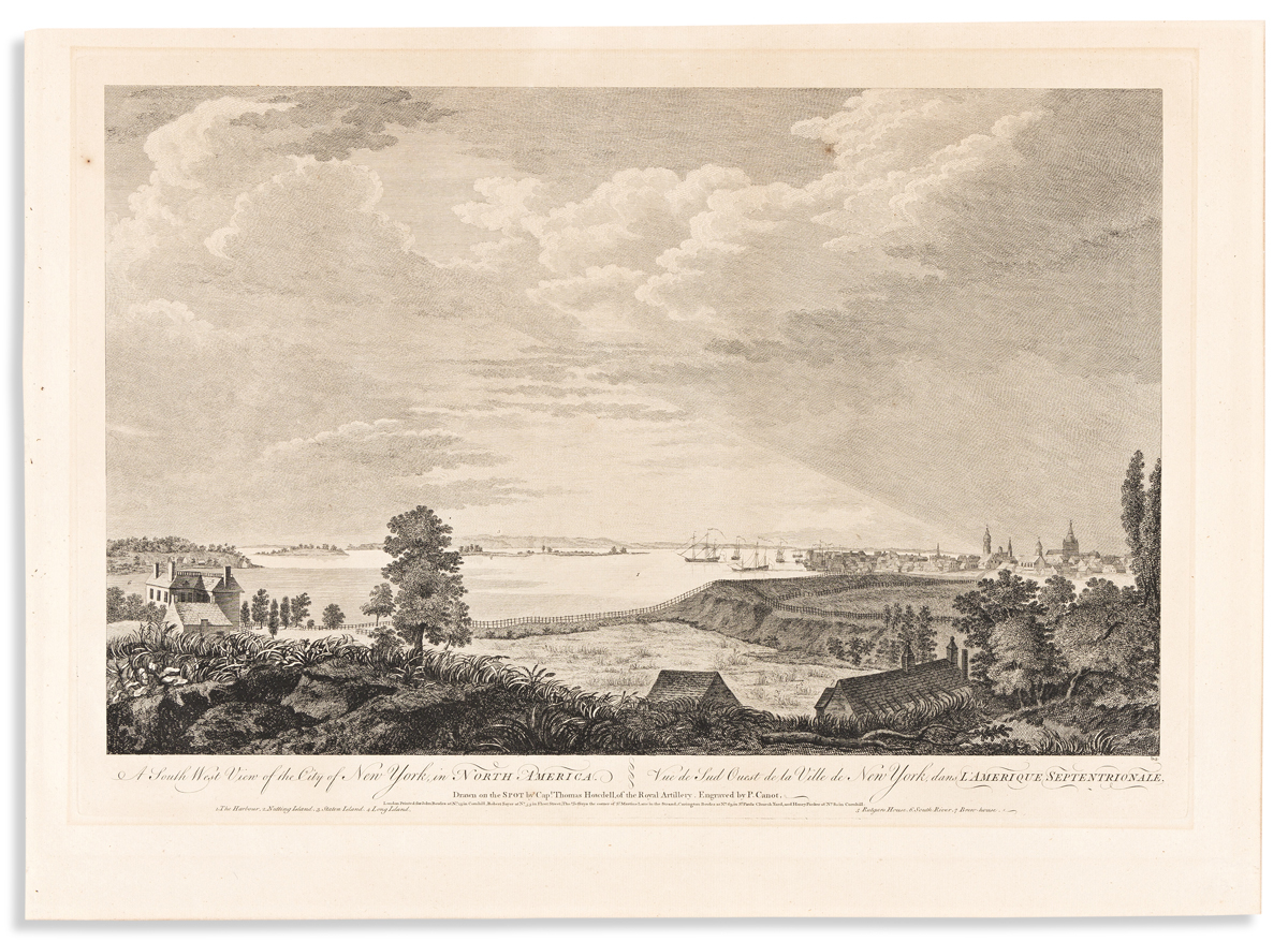 (COLONIAL ERA.) Pierre Canot, engraver; after Thomas Howdell. A South West View of the City of New York, in North America.
